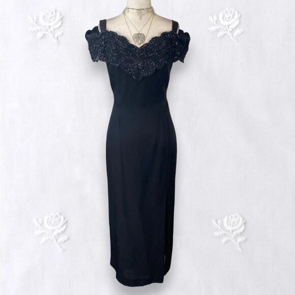 Vintage Made in USA Black Romantic Goth Off Shoulder Sequin Lace Midi Dress M - Picture 1 of 8